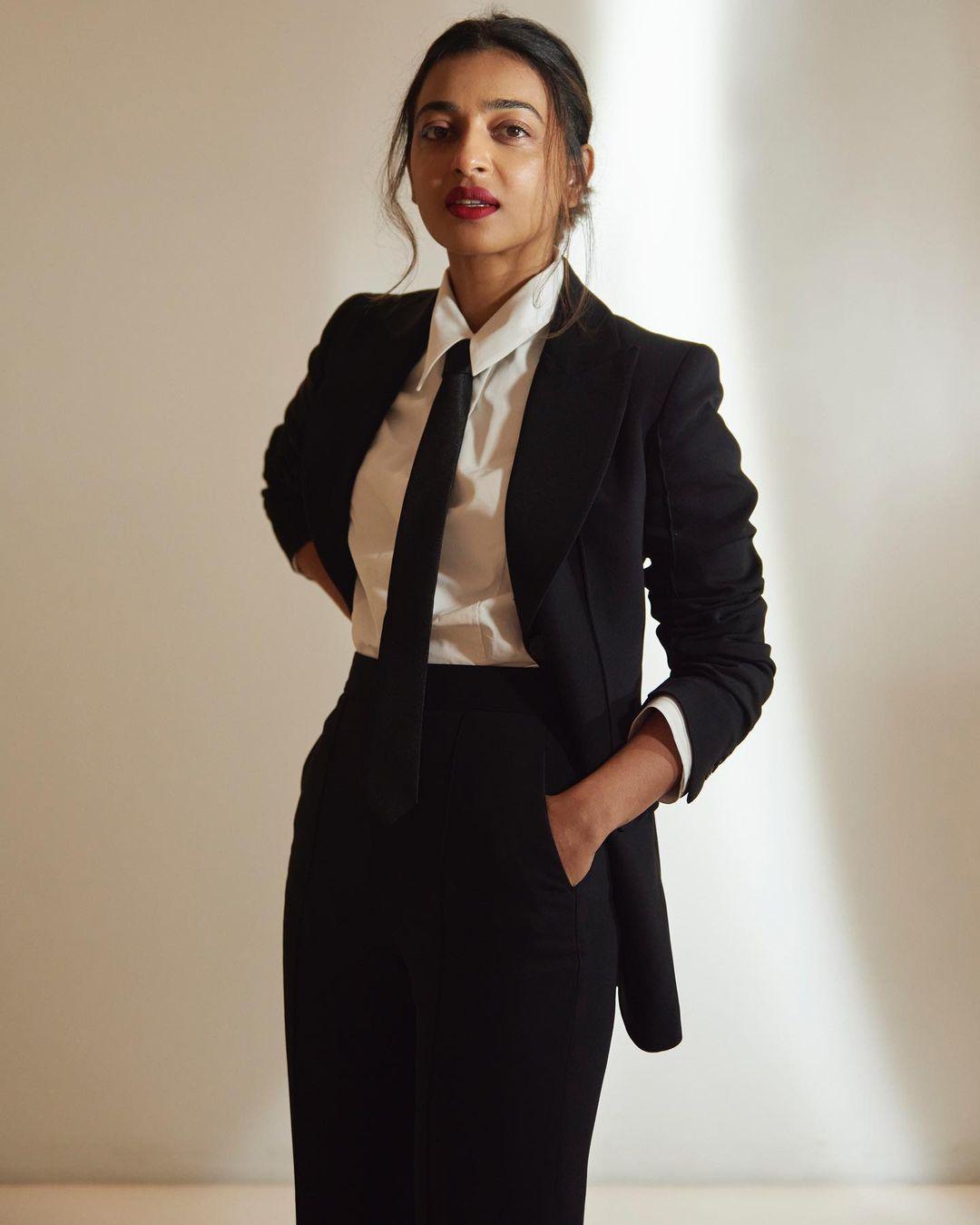 Radhika Apte`s fashion choices are all about casual chic, and her black and white suit ensemble with a black tie is no exception.